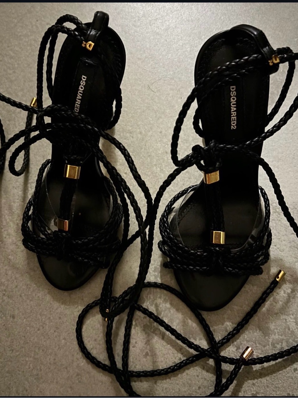 DSQUARED2 Black Braided Lace-Up Heeled Sandals with Gold Accents